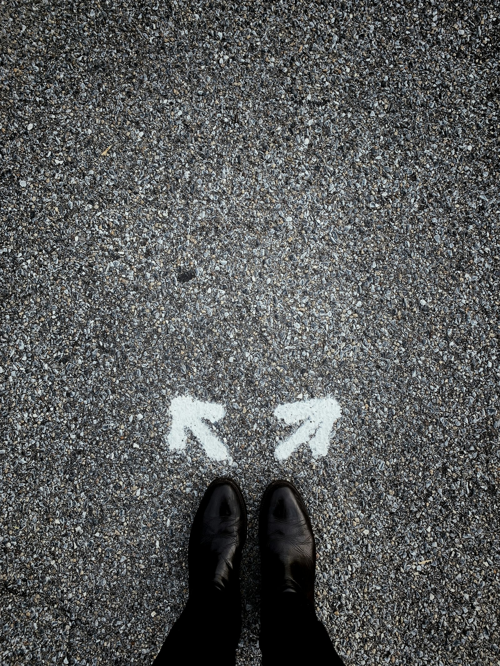 A person standing at a crossroads with two directional arrows painted on the ground, representing a business leader deciding how to navigate uncertain conditions